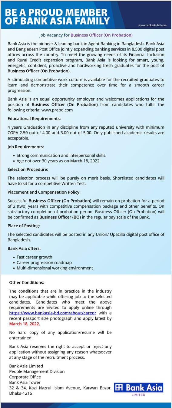 Bank Asia Ltd Business Officer Job Circular 2022